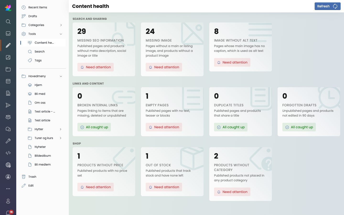 Dashbordet Innholdshelse med kort for SEO, bilder, lenker og butikk