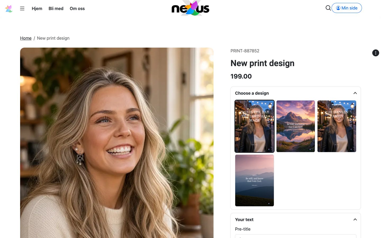 En produktside for trykkdesign med fire maler vist som bilder