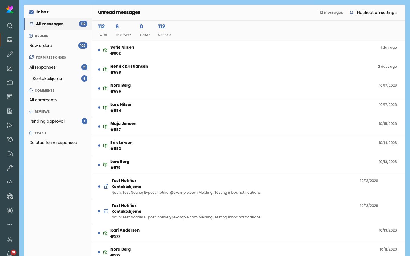 The inbox with orders, form responses, comments and reviews