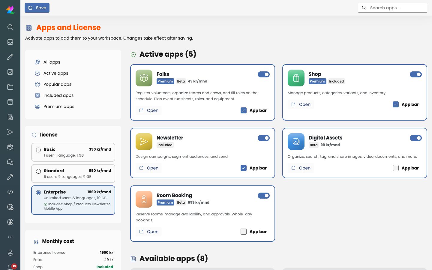 The Apps and License page with active apps such as Folks, Shop, Newsletter, Digital Assets and Room Booking
