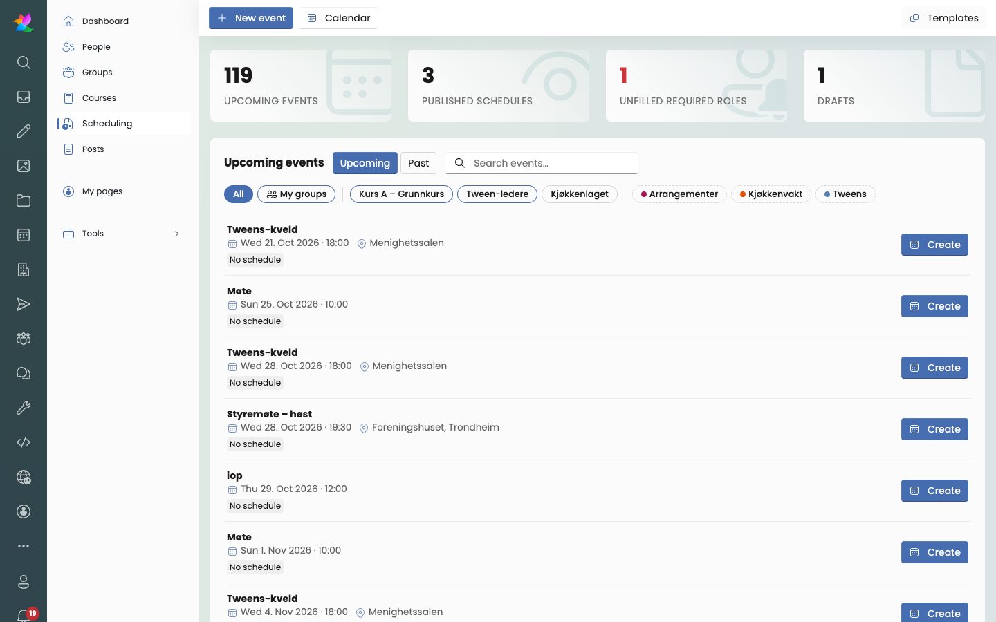 The scheduling overview with upcoming events and key numbers