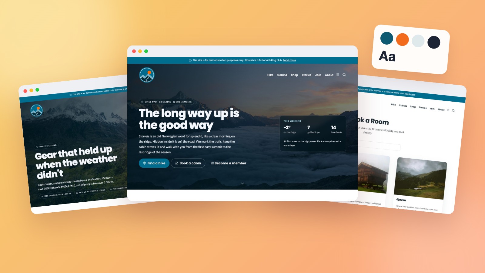 Tre sider fra demo-nettstedet Storveis: forsiden, nettbutikken og bookingsiden, med fargepalett og typografi
